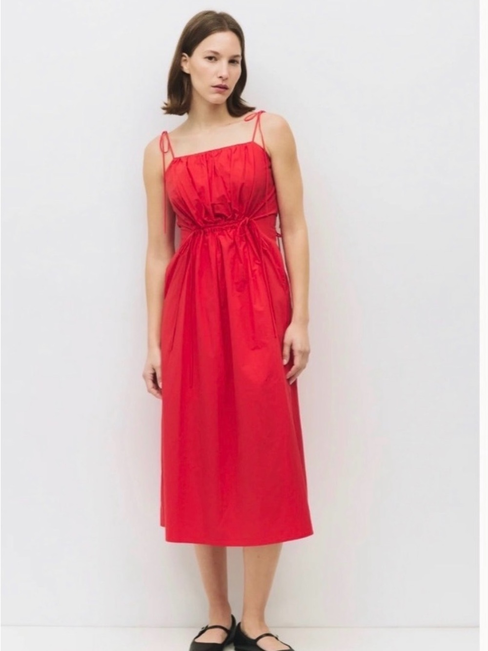 Adorable All:Red 100% Cotton Red Tie-Strap Midi Dress - Medium